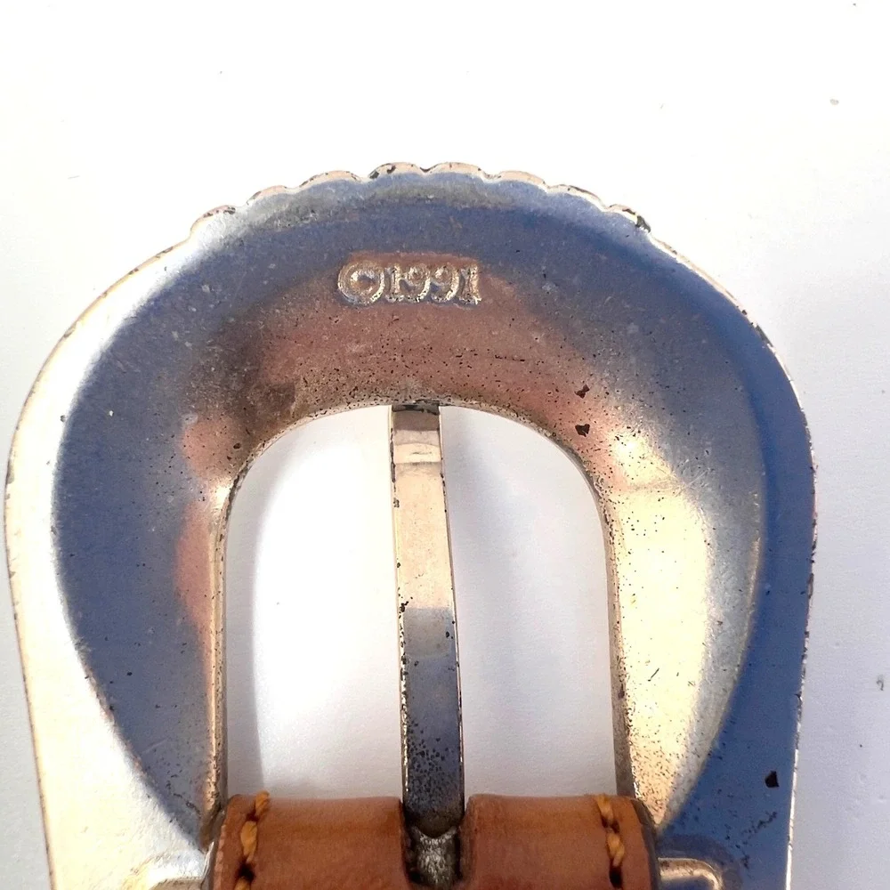 Vintage 1991 Mens Western Leather Belt Braided Edge Silver Engraved Buckle 38